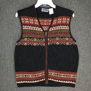 Erika & Co Vintage Fair Isle Knit V-neck Zip Up Sweater Vest Gray Red Size Large